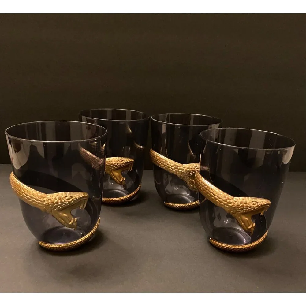 Set of 4 Metallic Gold look 3D Snake Cleopatra Cups plastic Party Glasses 3-D